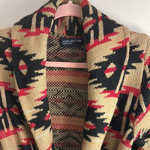 Jones New York Black and Tan Wrap Cardigan with Geometric Pattern - Picture 2 of 3